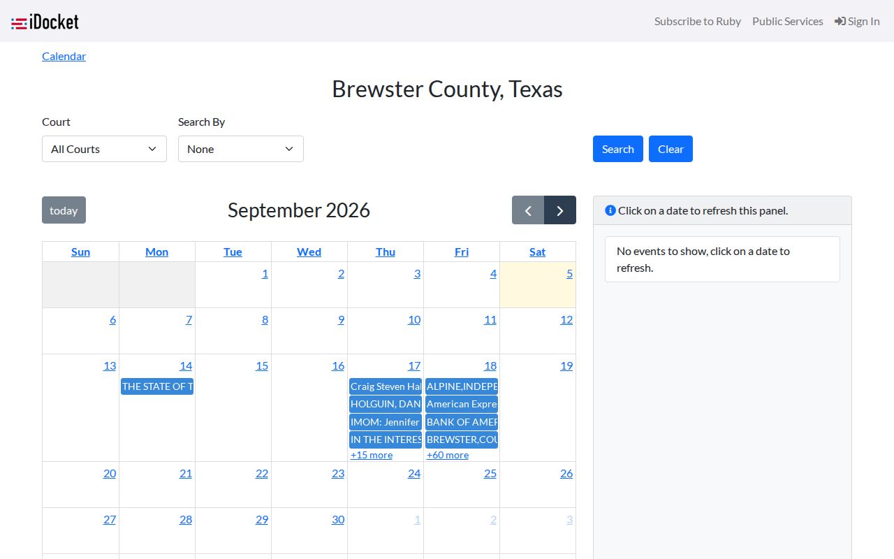 Brewster County iDocket court calendar search interface