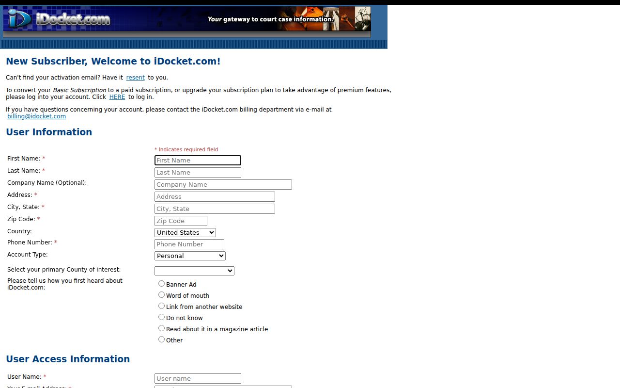 iDocket registration form with settings calendar option