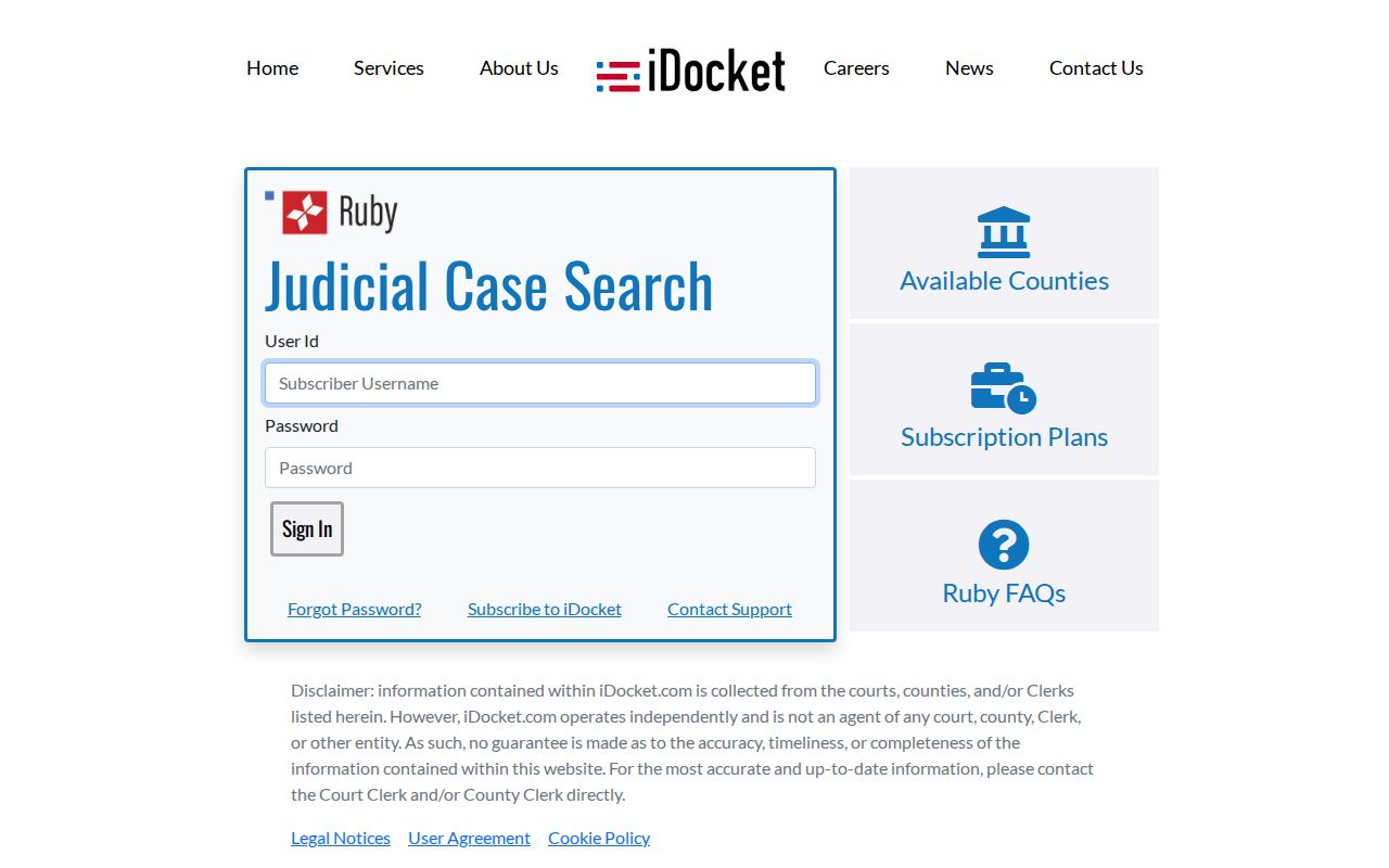 iDocket subscriber sign-in page