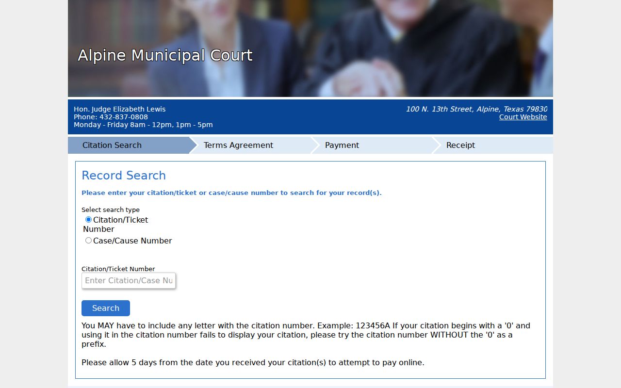 Alpine Municipal Court citation and cause number lookup portal
