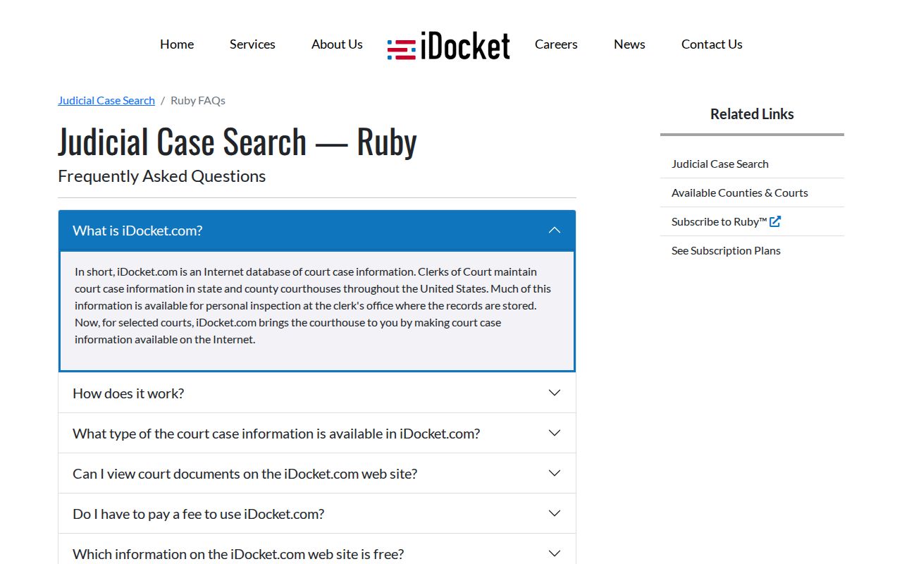 iDocket FAQ explaining Brewster County case search and history access