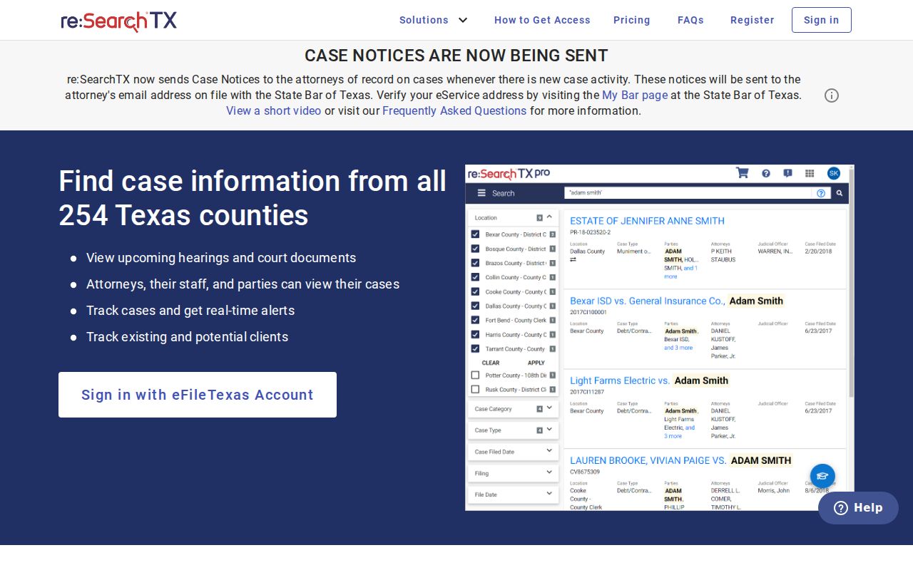 Texas re:SearchTX statewide court records search entry