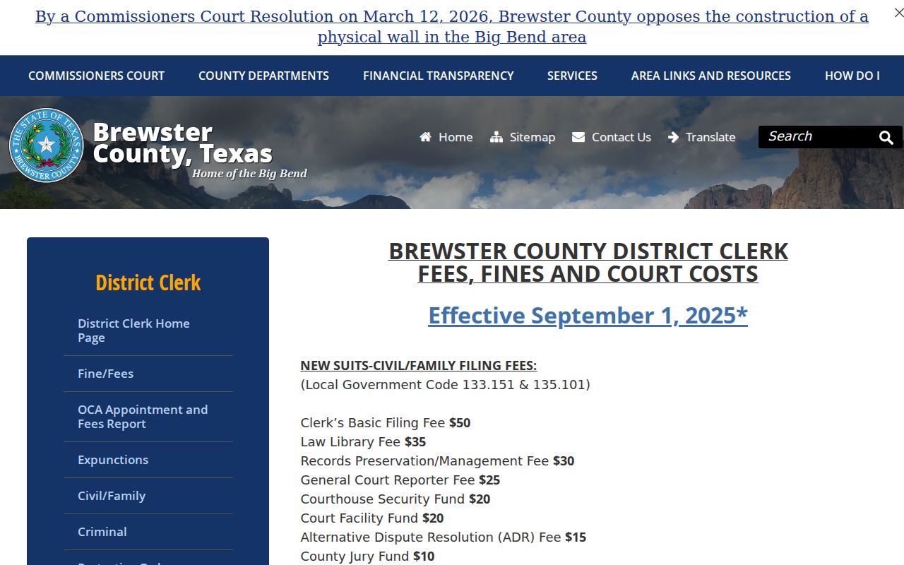 Brewster County court records District Clerk fee page