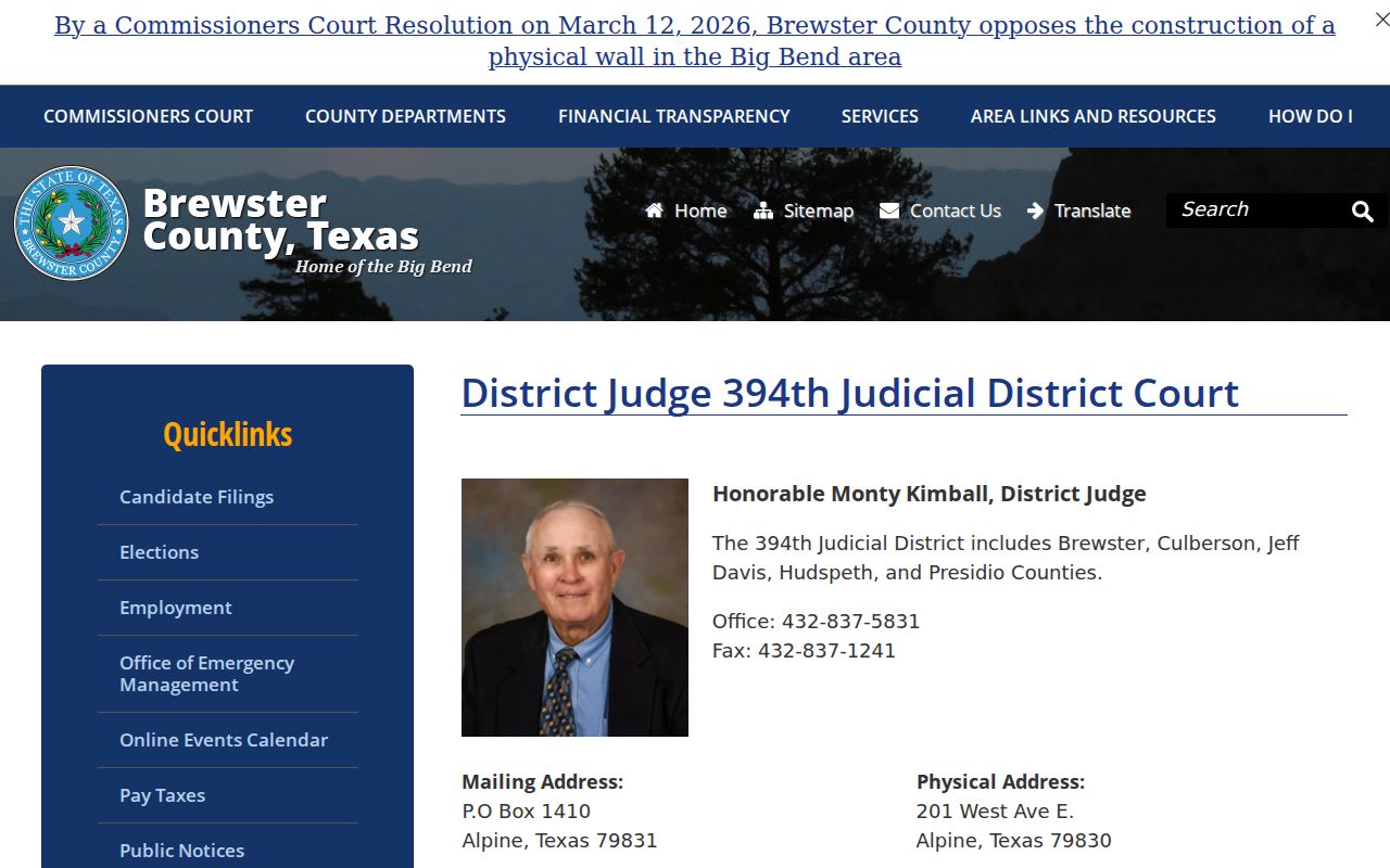 Brewster County court docket 394th District Court page
