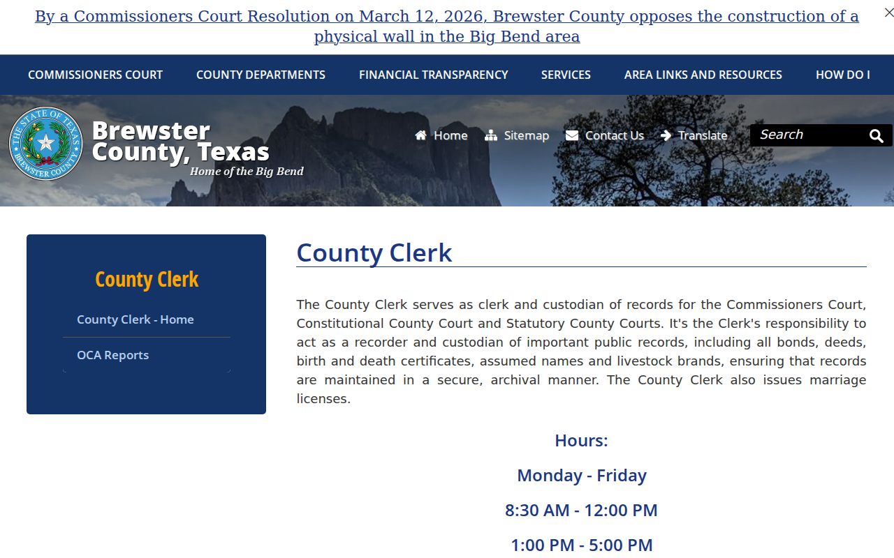 Brewster County court docket County Clerk page